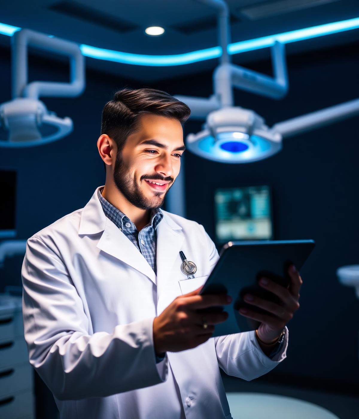 Modern dental specialist reviewing case on a tablet